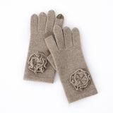 100% Cashmere Flower Embellished Touchscreen Gloves Knit Winter Gloves