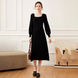Women’s Cashmere Square Neck Puff Sleeve Knit Sweater Dress