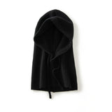 100% Cashmere Ribbed Hood Scarf Knit Hooded Neck Warmer with Adjustable Drawstring