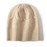 100% Cashmere Cable Knit Beanie Hat Soft Ribbed Winter Cap for Women