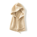 100% Cashmere Ribbed Hood Scarf Knit Hooded Neck Warmer with Adjustable Drawstring