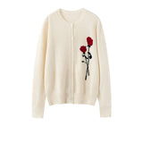 100% Cashmere Rose Embroidered Round Neck Button Sweater Cardigan