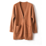 V-Neck Button-Front Sweater with Pockets 100% Cashmere Long Cardigan