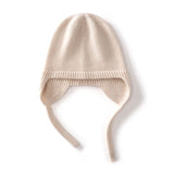 100% Cashmere Ear Flap Beanie Hat Soft Knit Winter Hat with Tie Strings