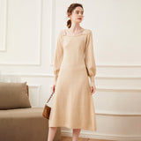 Women’s Cashmere Square Neck Puff Sleeve Knit Sweater Dress