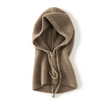 100% Cashmere Ribbed Hood Scarf Knit Hooded Neck Warmer with Adjustable Drawstring
