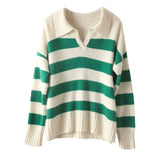 Women's Cashmere Wool Blend Striped Polo Loose-Fit Sweater