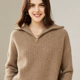 Women’s 100% Cashmere Half Zip Ribbed Knit Polo Collar Pullover Sweater