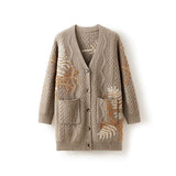 100% Cashmere Embroidered Long V-Neck Cable Knit Sweater Cardigan