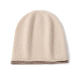 100% Cashmere Contrast Rolled-Edge Beanie Hat Knit Winter Cap