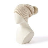 100% Cashmere Cable Knit Beanie with Fur Pom Pom Warm Winter Hat for Women