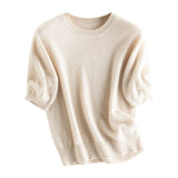 Women's 100% Cashmere Crew Neck Short Sleeve Knit Sweater