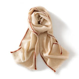 100% Cashmere Fringe Scarf Winter Wrap with Hand-Stitched Contrast Trim