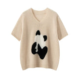 Women’s 100% Cashmere Panda V-Neck Short Sleeve Sweater