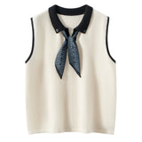 100% Cashmere Polo Sweater Vest Contrast Collar Sleeveless Knit Top