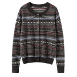 100% Cashmere Fair Isle Nordic Pattern Crew Neck Sweater Cardigan