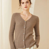 Women’s Cashmere Wool V-Neck Ribbed  Slim Fit Button Sweater Cardigan