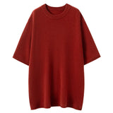 Women’s 100% Cashmere Crew Neck Short Sleeve Sweater Relaxed Knit Top