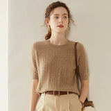 Women's Cashmere Wool Cable Knit Short Sleeve Sweater