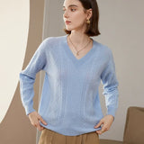 Women's 100% Cashmere V-Neck Cable Knit Loose Sweater