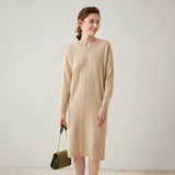 Women's Cashmere Wool Blend V Neck Knit Sweater Loose Fit Midi Dress
