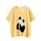 Women’s 100% Cashmere Panda V-Neck Short Sleeve Sweater