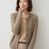 Women’s Cashmere Wool Pointelle Lightweight Crew Neck Knit Sweater Cardigan