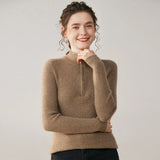 Women’s Cashmere Half-Zip Ribbed  Mock Neck Slim Knit Sweater