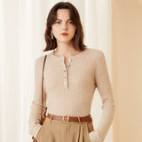 Women’s 100% Cashmere Ribbed Henley Slim Fit Crew Neck Pullover Sweater