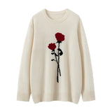 Women’s 100% Cashmere Rose Intarsia Crew Neck Floral Sweater