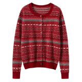 100% Cashmere Fair Isle Nordic Pattern Crew Neck Sweater Cardigan