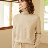 Women’s 100% Cashmere Turtleneck Textured Knit Relaxed Fit Sweater