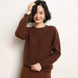 Women’s 100% Cashmere Crew Neck Grid Knit Sweater