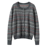 100% Cashmere Fair Isle Nordic Pattern Crew Neck Sweater Cardigan