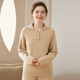 Women’s Cashmere Wool Polo Textured Button Neck Knit Sweater
