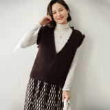 Women’s Fringed V-Neck Cashmere Wool Knit Vest Thick Sleeveless Sweater