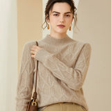 Women’s Cable Knit Mock Neck Cashmere Wool Sweater