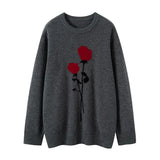 Women’s 100% Cashmere Rose Intarsia Crew Neck Floral Sweater