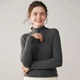 Women’s Cashmere Half-Zip Ribbed  Mock Neck Slim Knit Sweater