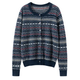 100% Cashmere Fair Isle Nordic Pattern Crew Neck Sweater Cardigan