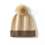 Women's Cashmere Pom Pom Ribbed Knit Beanie Hat with Faux Fur Pom