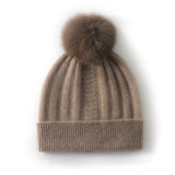 100% Cashmere Beanie Soft Ribbed Knit Winter Hat with Fur Pom for Women