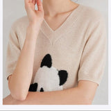 Women’s 100% Cashmere Panda V-Neck Short Sleeve Sweater