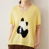 Women’s 100% Cashmere Panda V-Neck Short Sleeve Sweater