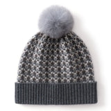 100% Cashmere Jacquard Pom Pom Beanie Hat Knit Winter Cap