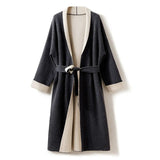 Women’s 100% Cashmere Belted Midi Coat Colorblock Wrap Coat