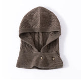 100% Cashmere Cable Knit Balaclava Hood Button Neck Warmer Hat