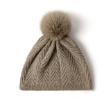100% Cashmere Cable Knit Beanie Hat with Pom Pom Soft Winter Cap