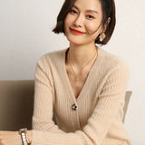 Women's Cashmere Wool Ribbed V-Neck Cardigan with Jeweled Buttons