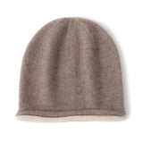 100% Cashmere Contrast Rolled-Edge Beanie Hat Knit Winter Cap